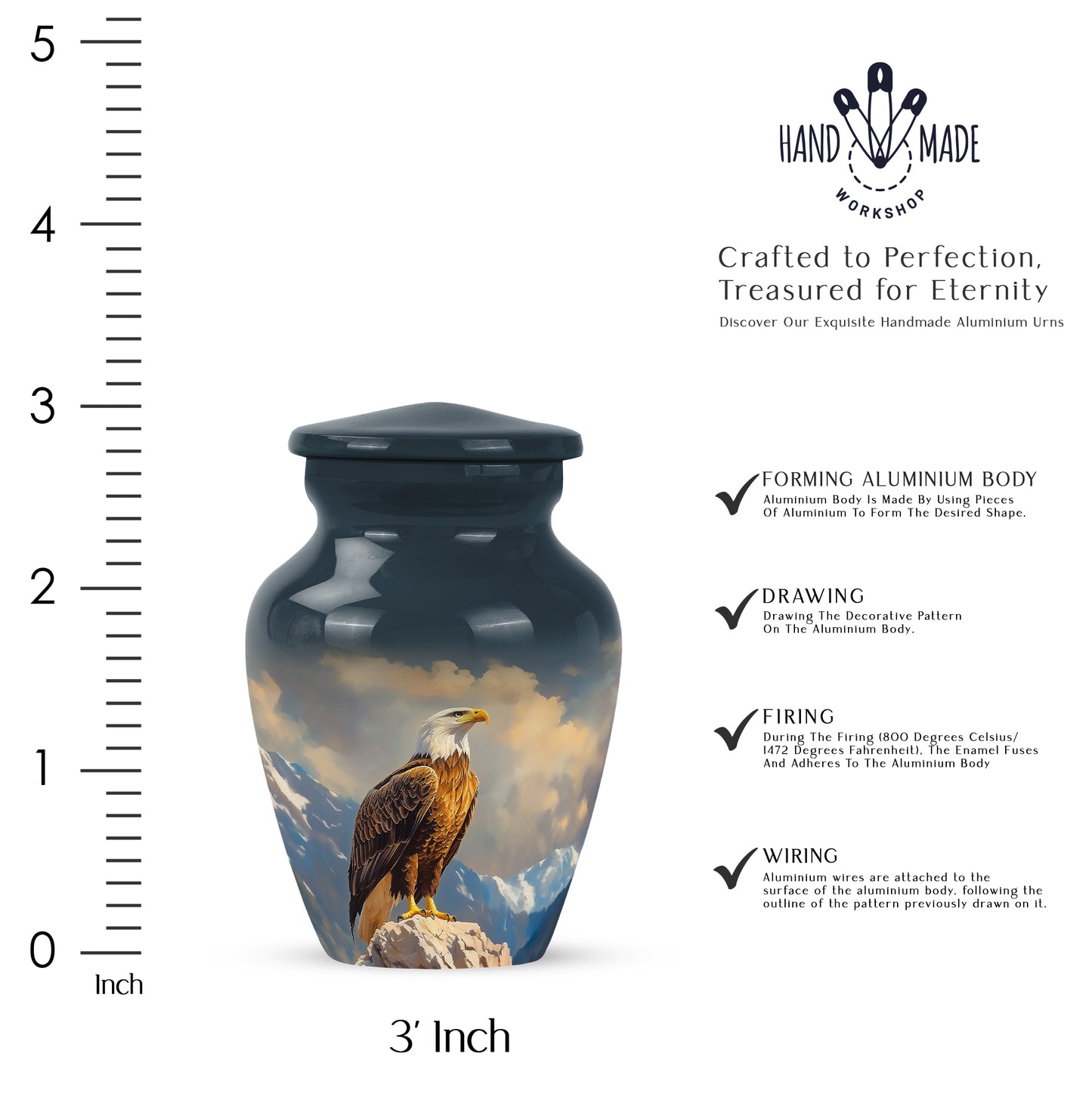 Powder Blue Eagle Cremation Urn close-up of engraving and surface detail - timeless eagle motif etched into premium metal - mini keepsake memorial for portion of cremation ashes