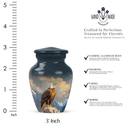 Powder Blue Eagle Cremation Urn close-up of engraving and surface detail - timeless eagle motif etched into premium metal - mini keepsake memorial for portion of cremation ashes