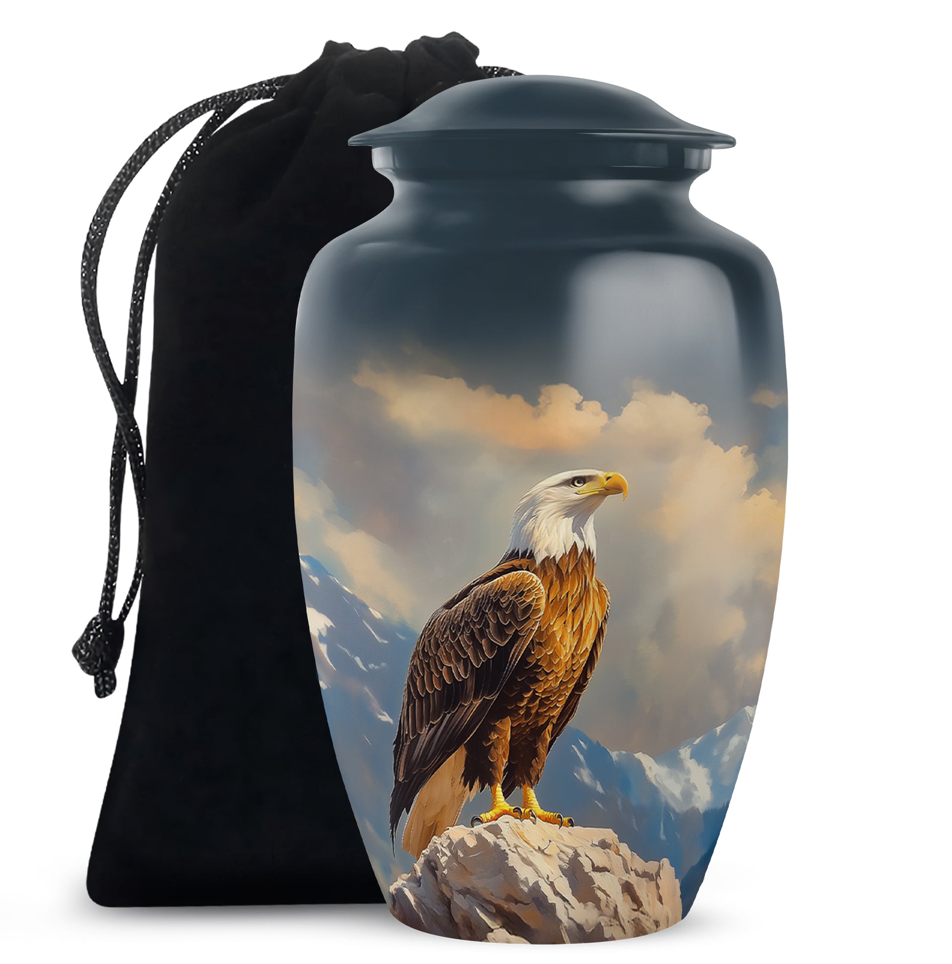 Misty Blue Eagle Cremation Urn angled view of lid and engraved motif - classic sculpted eagle pattern on smooth aluminum - full-size 10 inch 200 cubic inch adult cremation urn