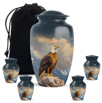 Cornflower Blue Eagle Cremation Urn top-down view of secure threaded lid - elegant classic eagle relief with fine detailing - memorial set with one large and four small urns