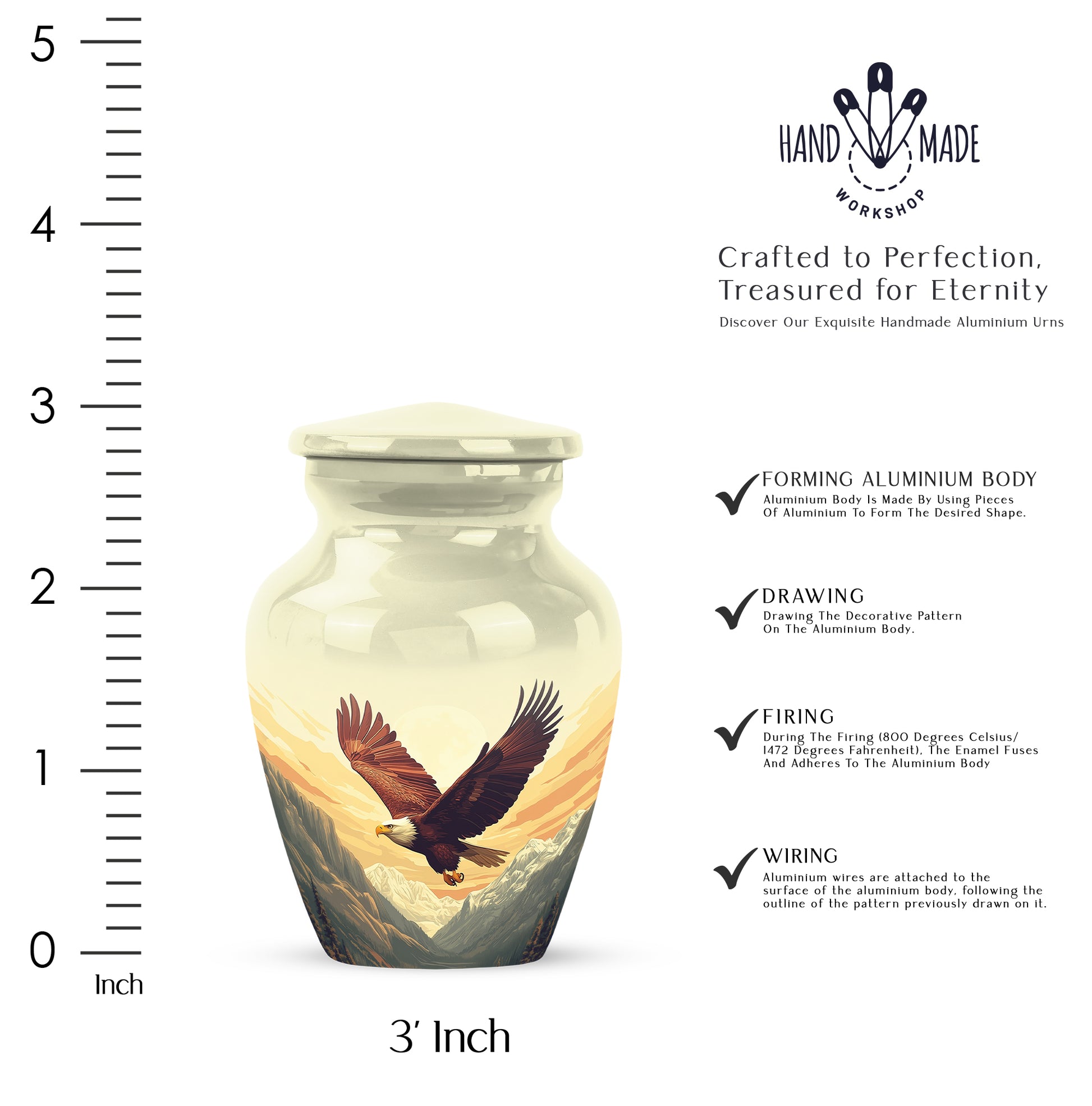 Sunrise Gold Eagle Cremation Urn close-up of engraving and surface detail - timeless eagle motif etched into premium metal - mini keepsake memorial for portion of cremation ashes