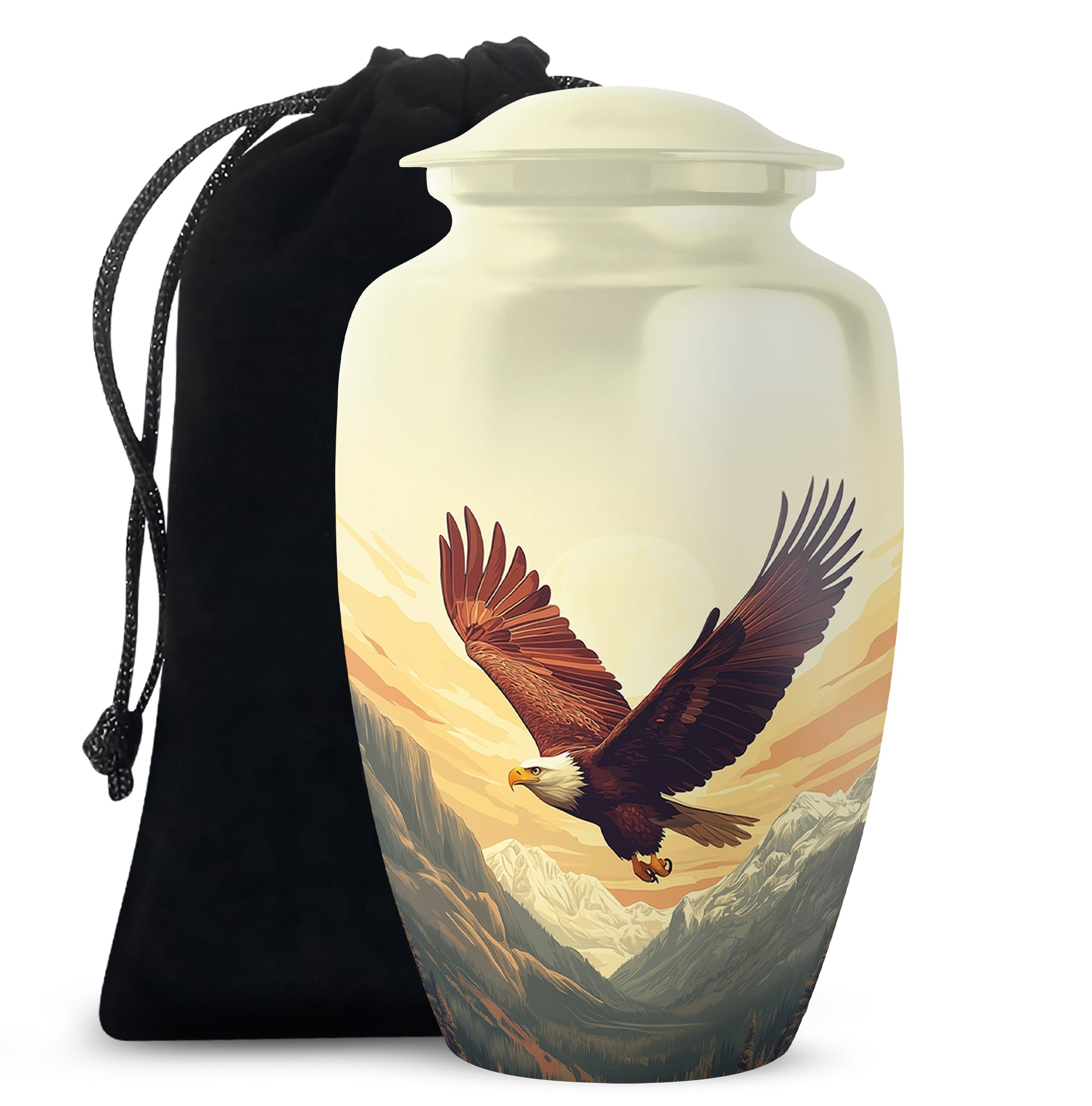 Royal Gold Eagle Cremation Urn angled view of lid and engraved motif - elegant classic eagle relief with fine detailing - full-size 10 inch 200 cubic inch adult cremation urn