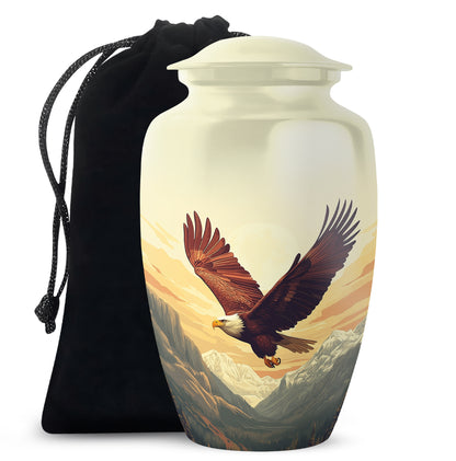 Royal Gold Eagle Cremation Urn angled view of lid and engraved motif - elegant classic eagle relief with fine detailing - full-size 10 inch 200 cubic inch adult cremation urn