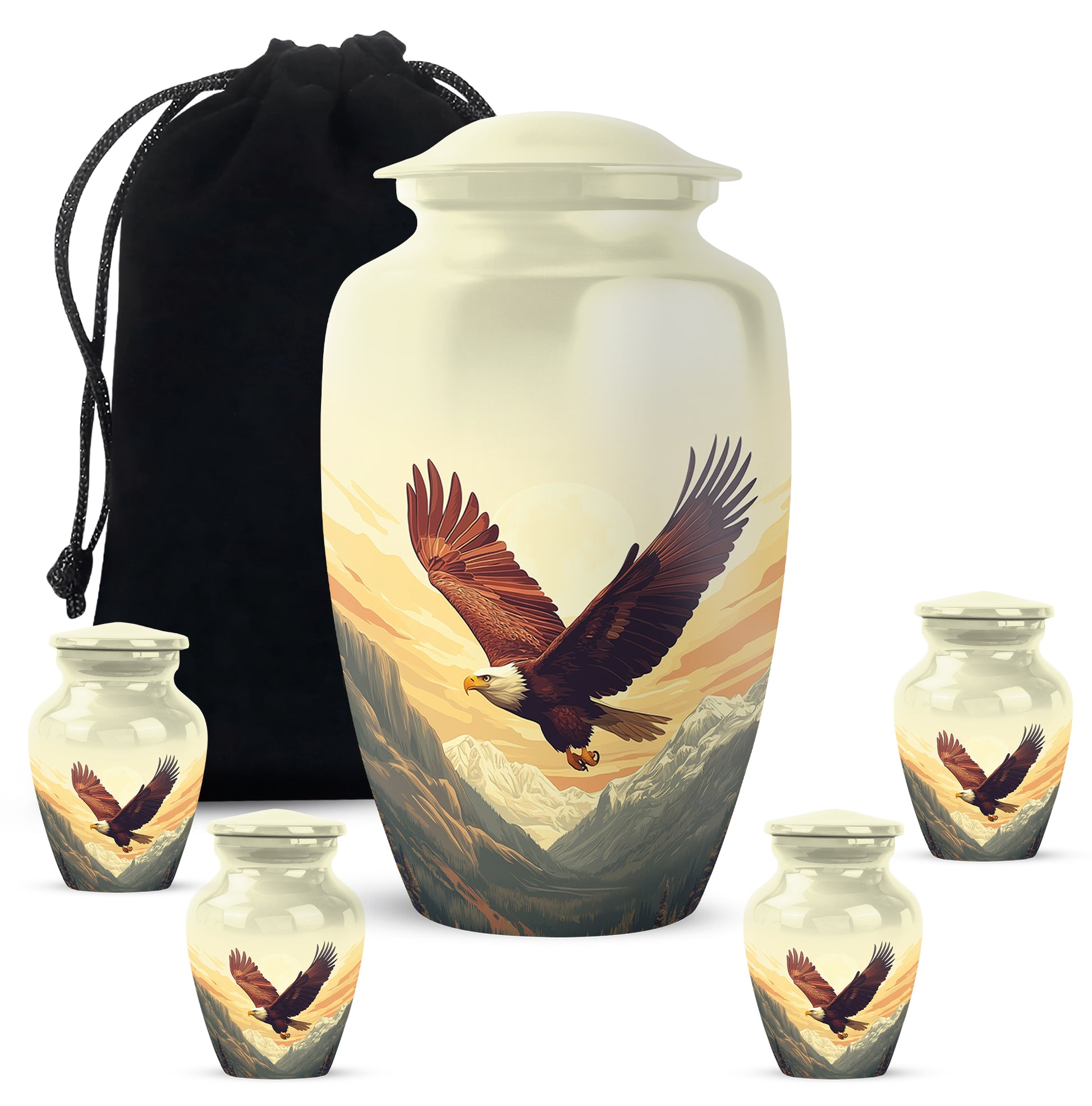 Sunrise Gold Eagle Cremation Urn top-down view of secure threaded lid - classic sculpted eagle pattern on smooth aluminum - memorial set with one large and four small urns