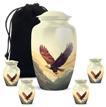 Sunrise Gold Eagle Cremation Urn top-down view of secure threaded lid - classic sculpted eagle pattern on smooth aluminum - memorial set with one large and four small urns
