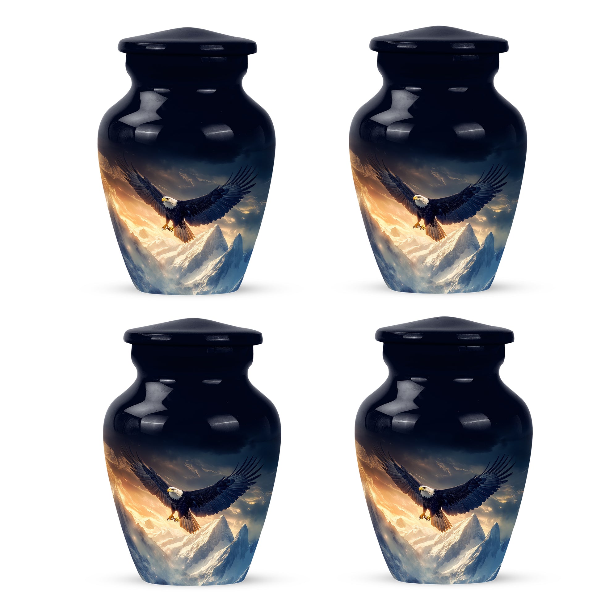 Vivid Blue Eagle Cremation Urn side profile showing urn shape - elegant classic eagle relief with fine detailing - 10 inch aluminum urn for cremated remains