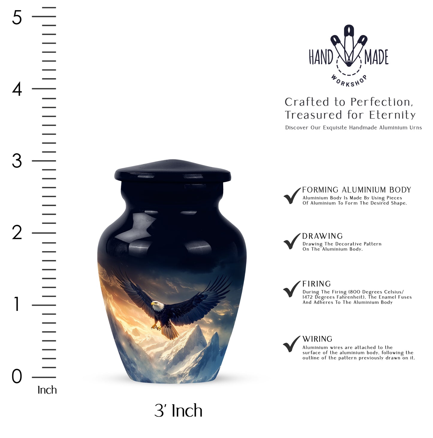 Powder Blue Eagle Cremation Urn close-up of engraving and surface detail - classic sculpted eagle pattern on smooth aluminum - mini keepsake memorial for portion of cremation ashes
