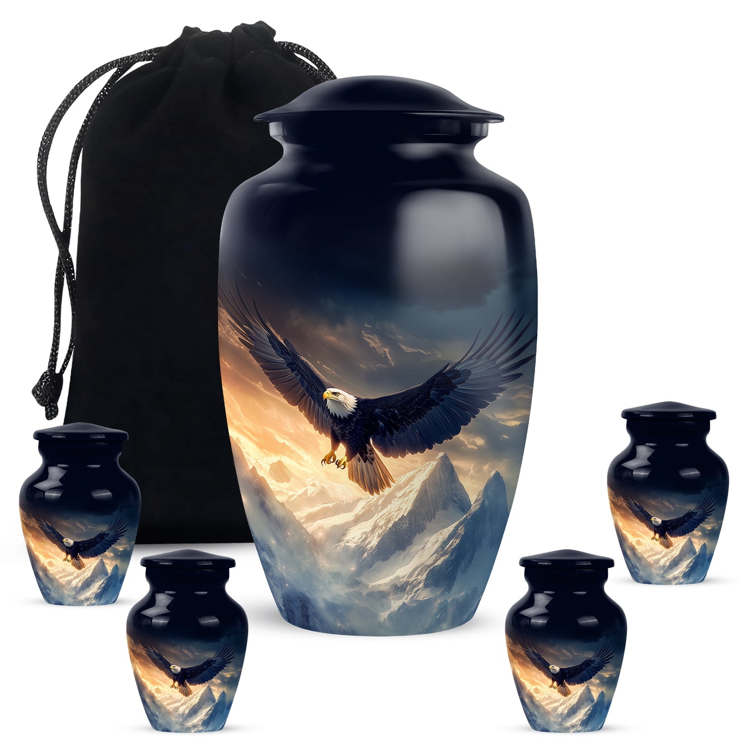 Pastel Blue Eagle Cremation Urn top-down view of secure threaded lid - timeless eagle motif etched into premium metal - memorial set with one large and four small urns