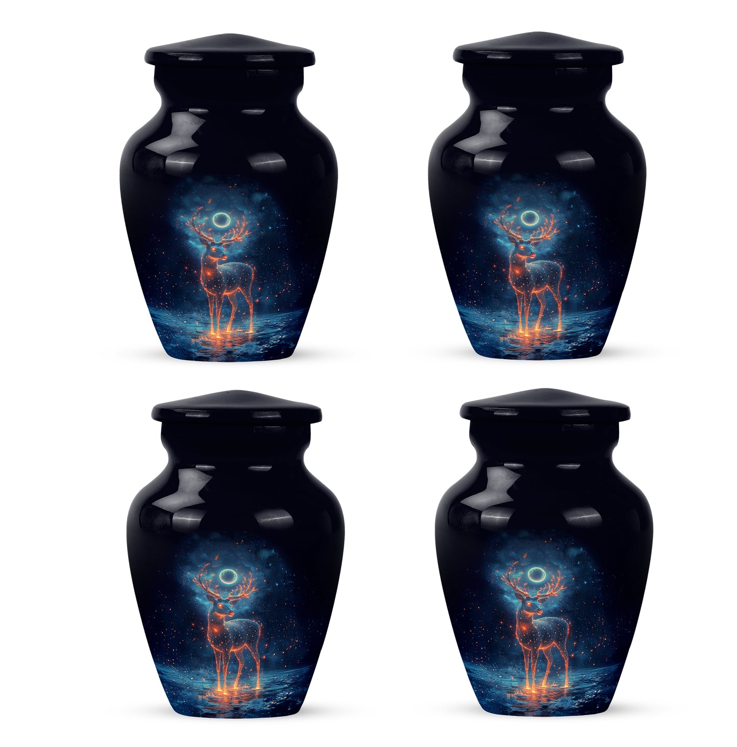 Glossy Black Deer Cremation Urn side profile showing urn shape - timeless deer motif etched into premium metal - 10 inch aluminum urn for cremated remains