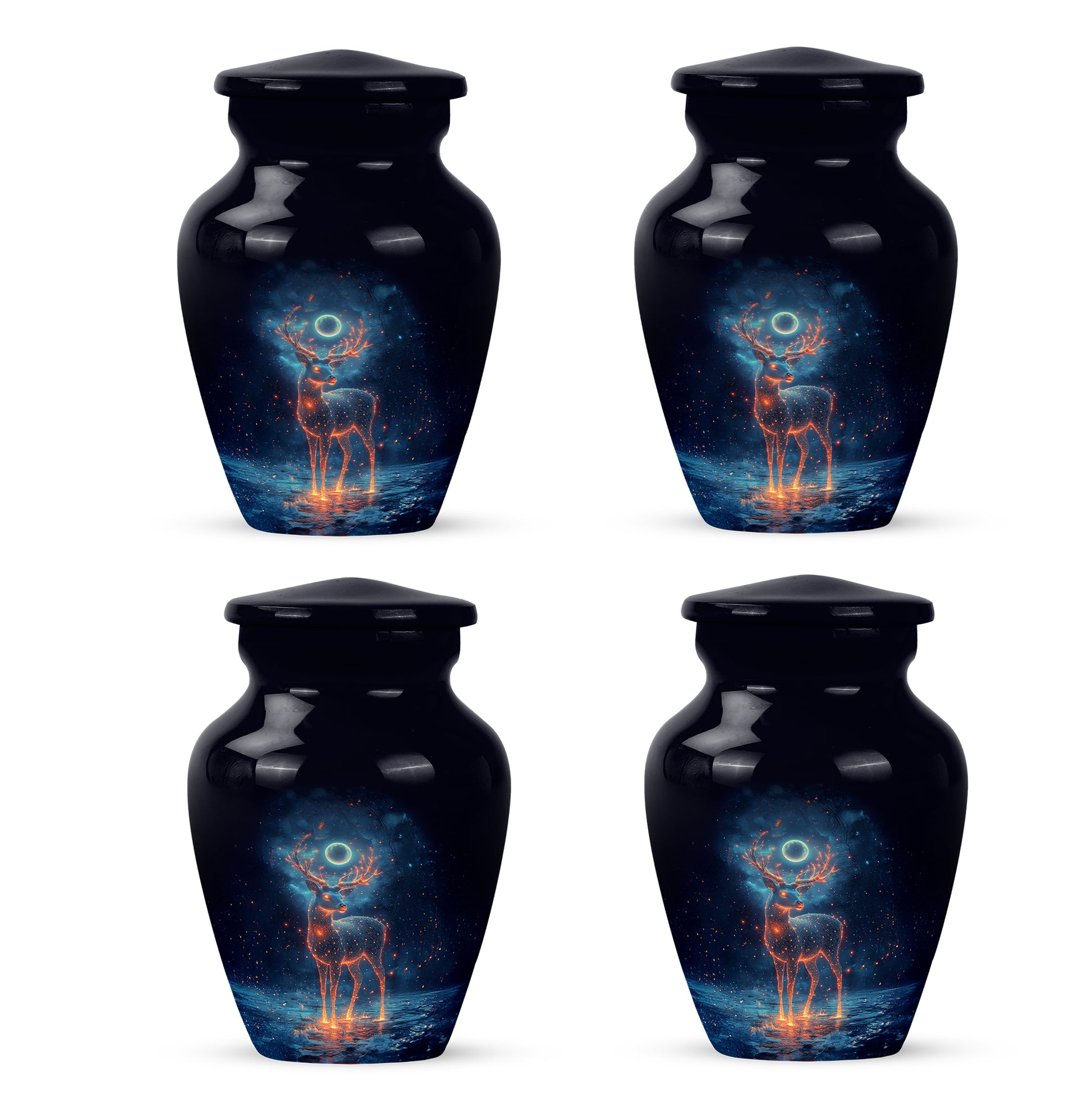 Glossy Black Deer Cremation Urn side profile showing urn shape - timeless deer motif etched into premium metal - 10 inch aluminum urn for cremated remains