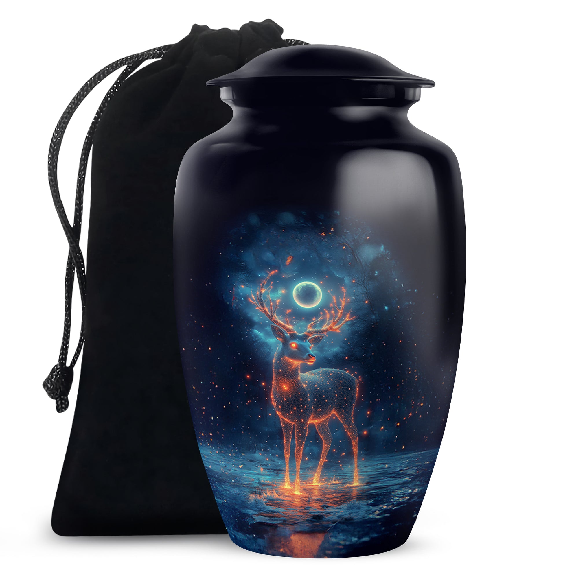 Glossy Black Deer Cremation Urn angled view of lid and engraved motif - timeless deer motif etched into premium metal - full-size 10 inch 200 cubic inch adult cremation urn
