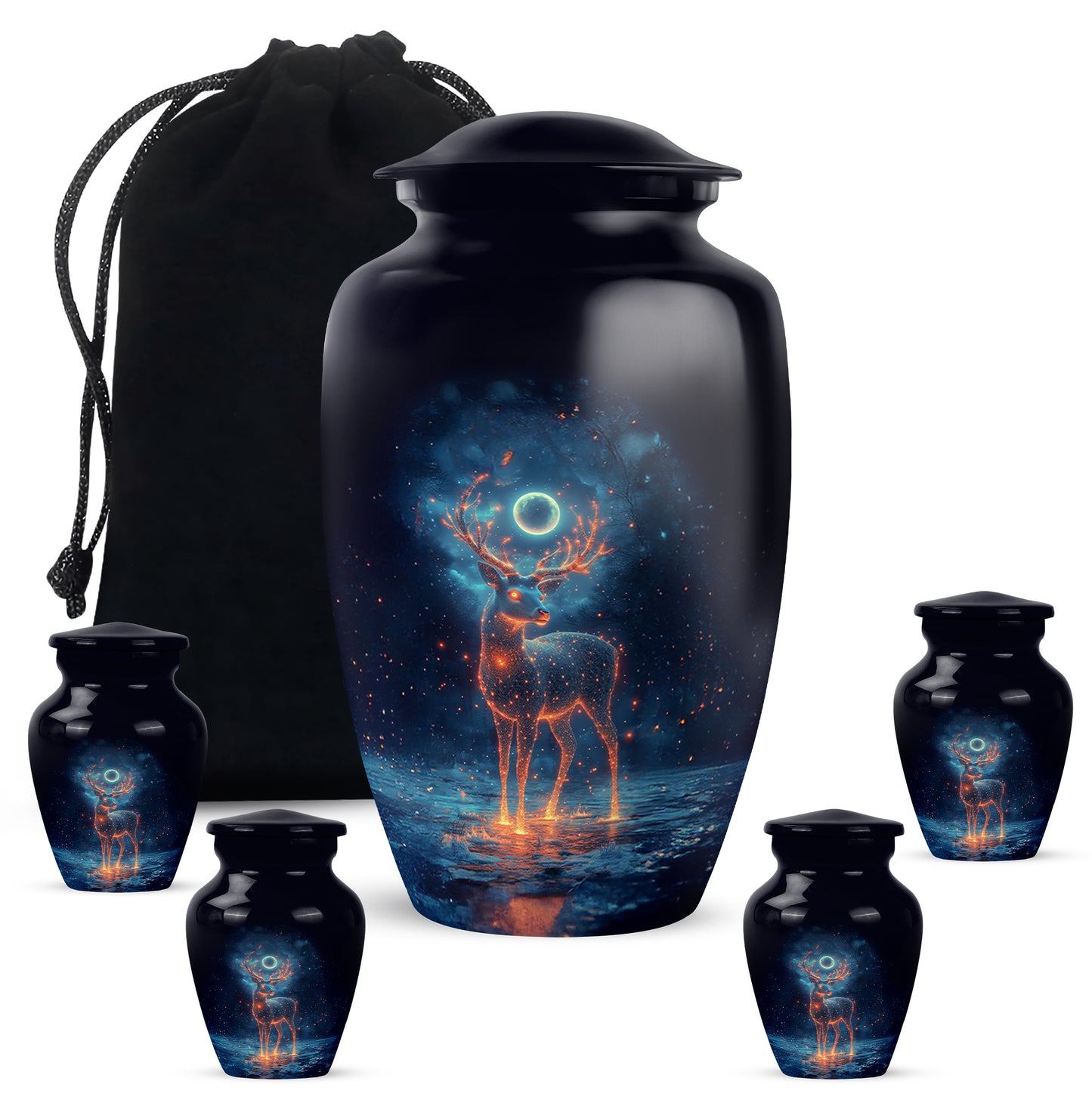 Rich Black Deer Cremation Urn top-down view of secure threaded lid - timeless deer motif etched into premium metal - memorial set with one large and four small urns