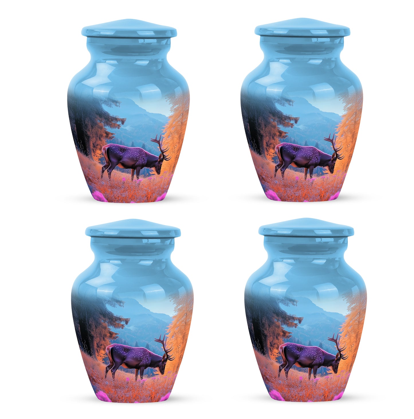 Icy Blue Deer Cremation Urn side profile showing urn shape - timeless deer motif etched into premium metal - 10 inch aluminum urn for cremated remains