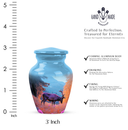 Vivid Blue Deer Cremation Urn close-up of engraving and surface detail - traditional deer engraving with hand-polished finish - mini keepsake memorial for portion of cremation ashes