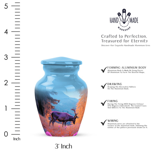 Vivid Blue Deer Cremation Urn close-up of engraving and surface detail - traditional deer engraving with hand-polished finish - mini keepsake memorial for portion of cremation ashes