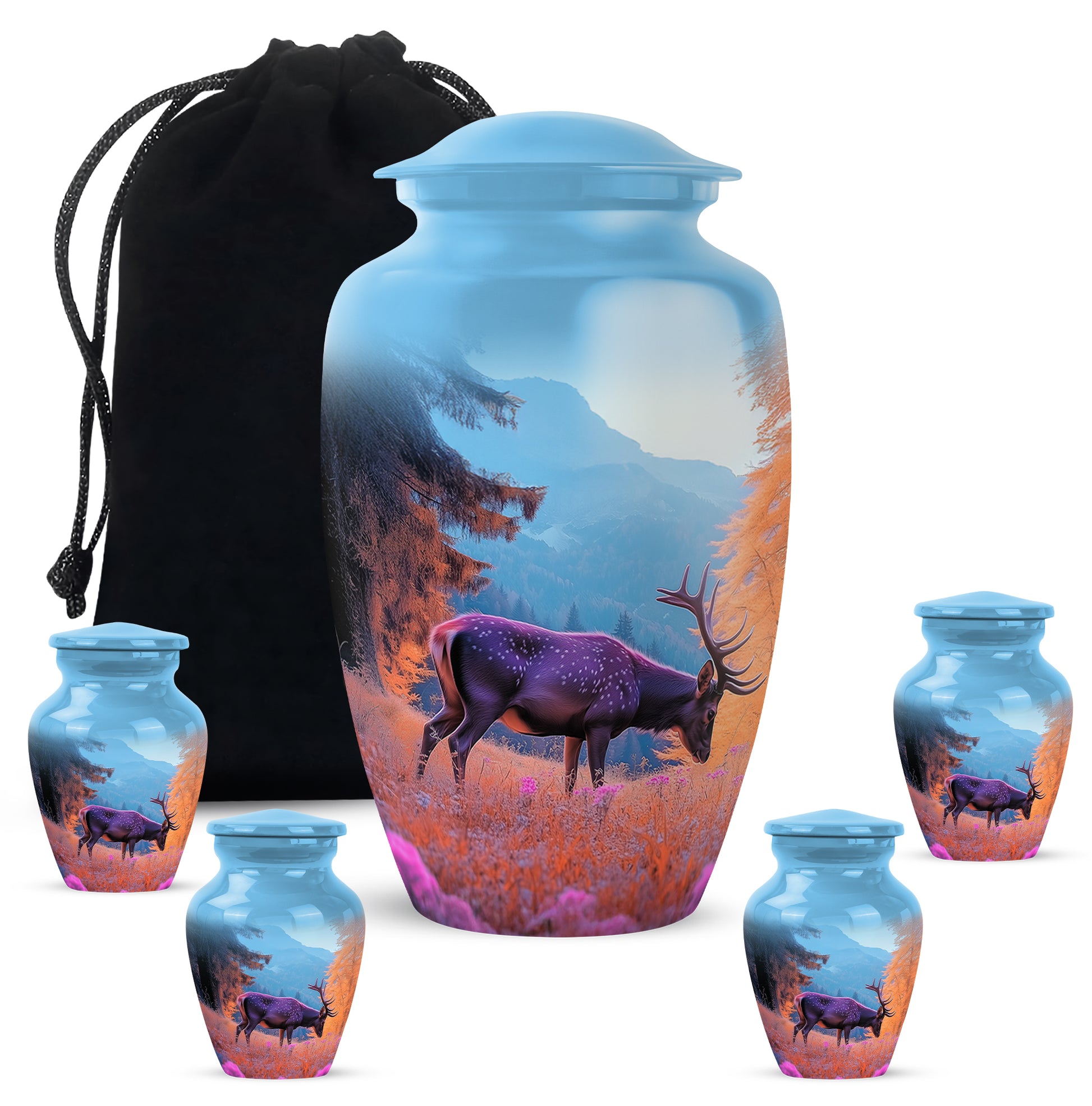 Sky Blue Deer Cremation Urn top-down view of secure threaded lid - timeless deer motif etched into premium metal - memorial set with one large and four small urns