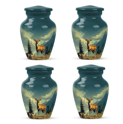 Ocean Teal Deer Cremation Urn side profile showing urn shape - classic sculpted deer pattern on smooth aluminum - 10 inch aluminum urn for cremated remains