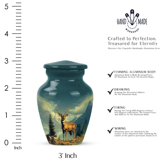 Aqua Teal Deer Cremation Urn close-up of engraving and surface detail - traditional deer engraving with hand-polished finish - mini keepsake memorial for portion of cremation ashes