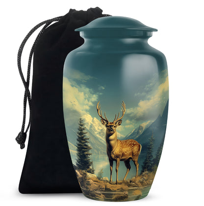 Aqua Teal Deer Cremation Urn angled view of lid and engraved motif - traditional deer engraving with hand-polished finish - full-size 10 inch 200 cubic inch adult cremation urn