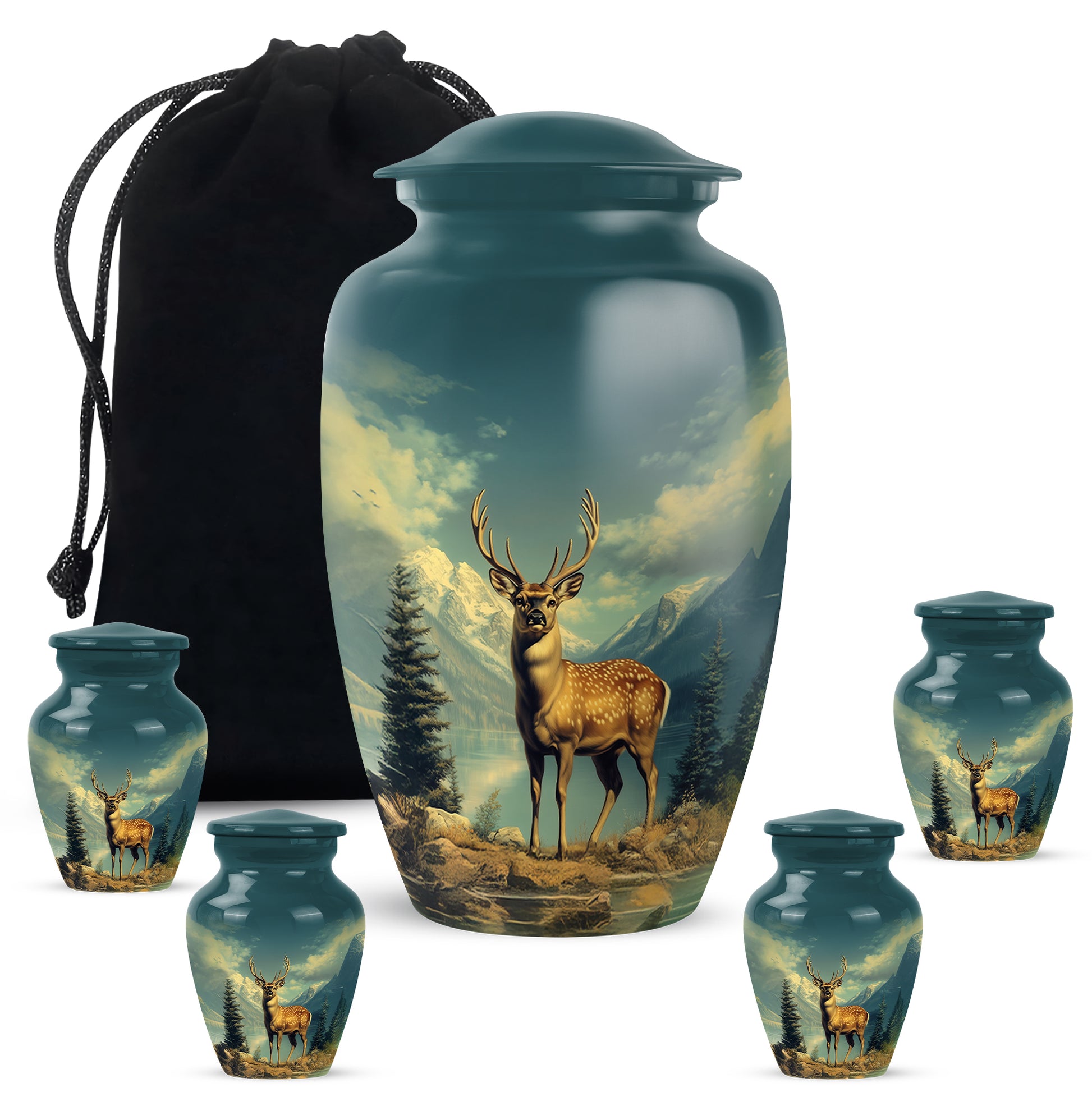 Mystic Teal Deer Cremation Urn top-down view of secure threaded lid - elegant classic deer relief with fine detailing - memorial set with one large and four small urns