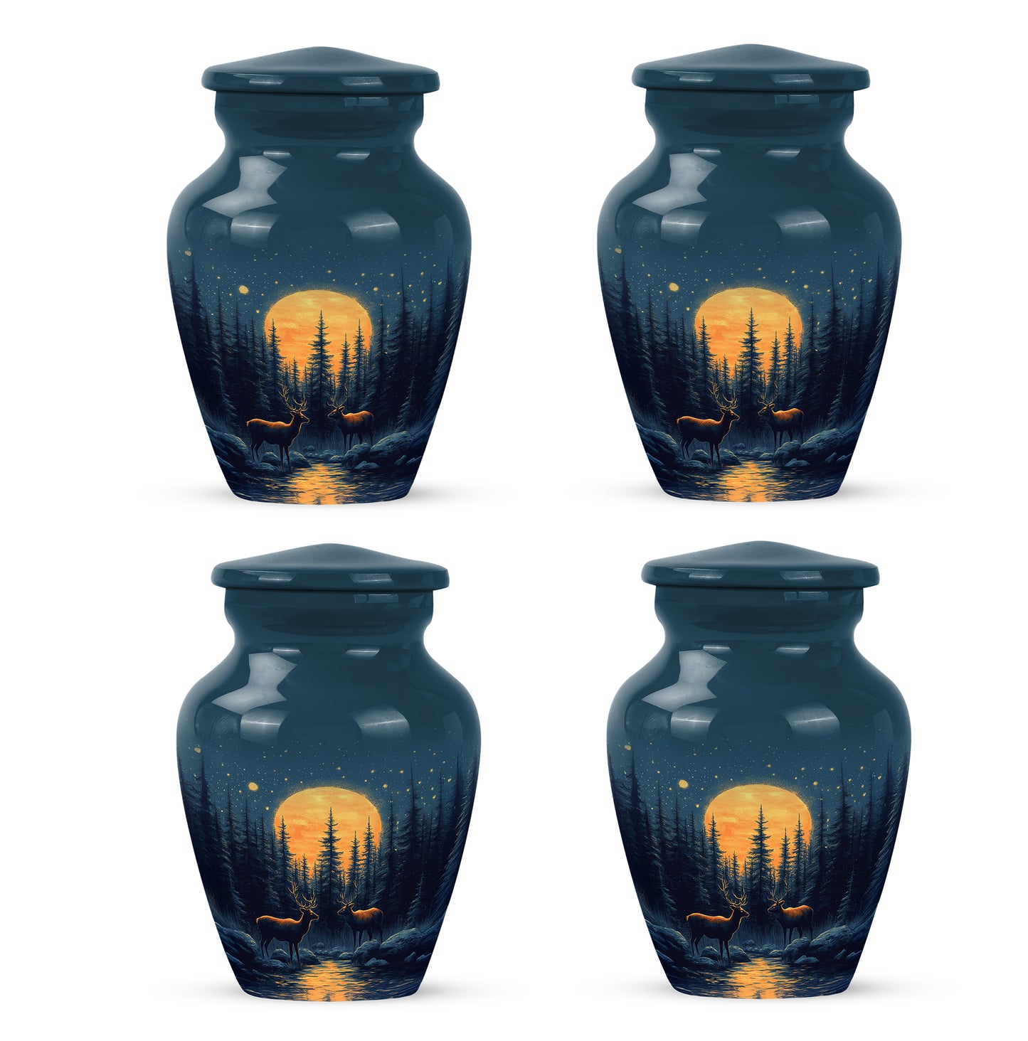 Cornflower Blue Deer Cremation Urn side profile showing urn shape - traditional deer engraving with hand-polished finish - 10 inch aluminum urn for cremated remains