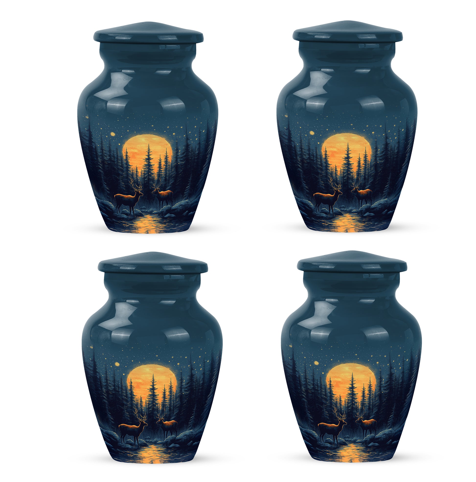 Cornflower Blue Deer Cremation Urn side profile showing urn shape - traditional deer engraving with hand-polished finish - 10 inch aluminum urn for cremated remains