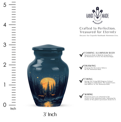 Calming Blue Deer Cremation Urn close-up of engraving and surface detail - traditional deer engraving with hand-polished finish - mini keepsake memorial for portion of cremation ashes