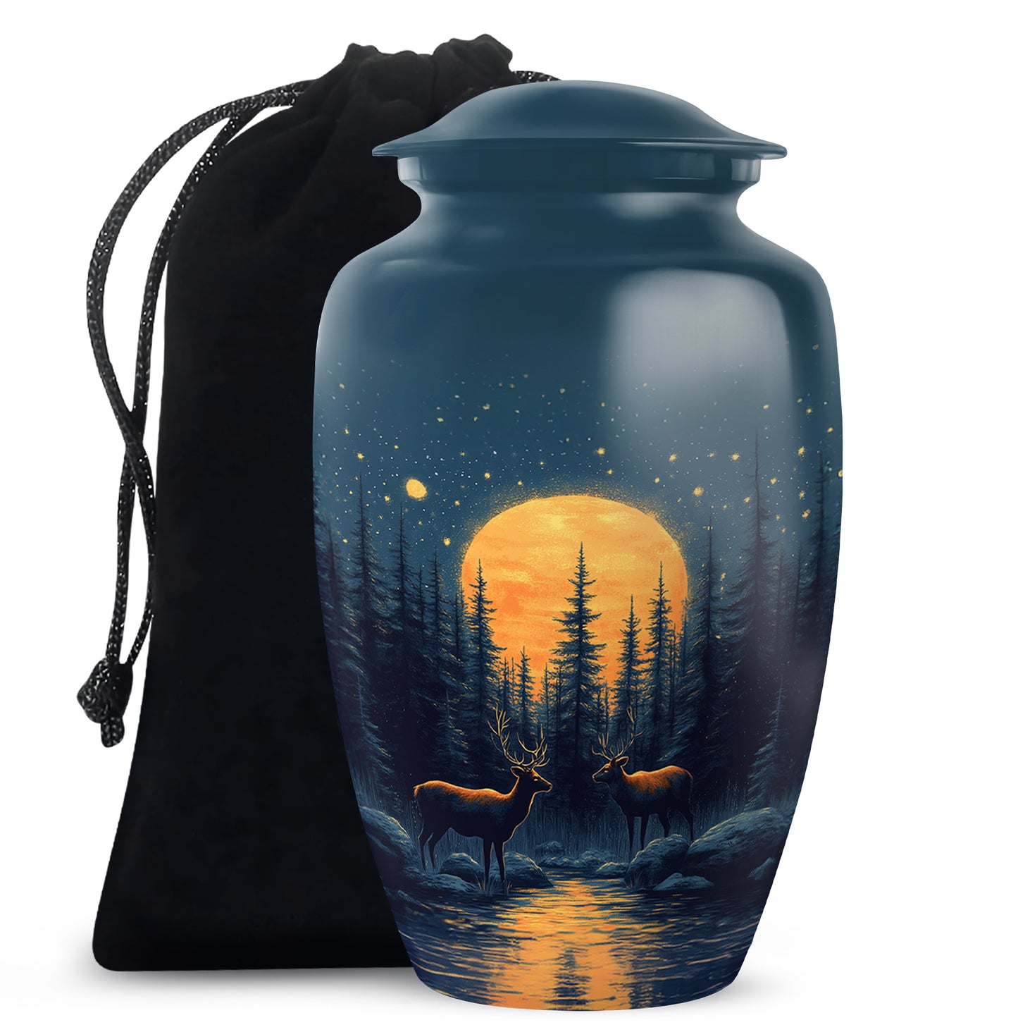 Celestial Blue Deer Cremation Urn angled view of lid and engraved motif - timeless deer motif etched into premium metal - full-size 10 inch 200 cubic inch adult cremation urn