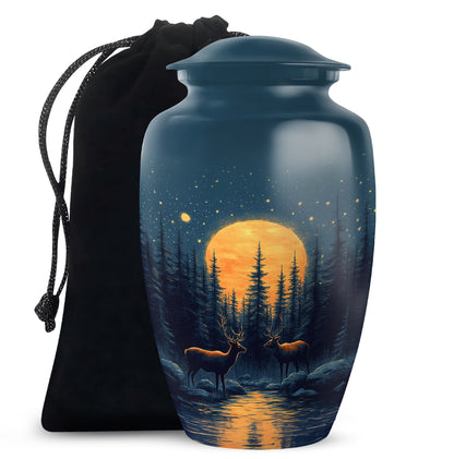 Celestial Blue Deer Cremation Urn angled view of lid and engraved motif - timeless deer motif etched into premium metal - full-size 10 inch 200 cubic inch adult cremation urn