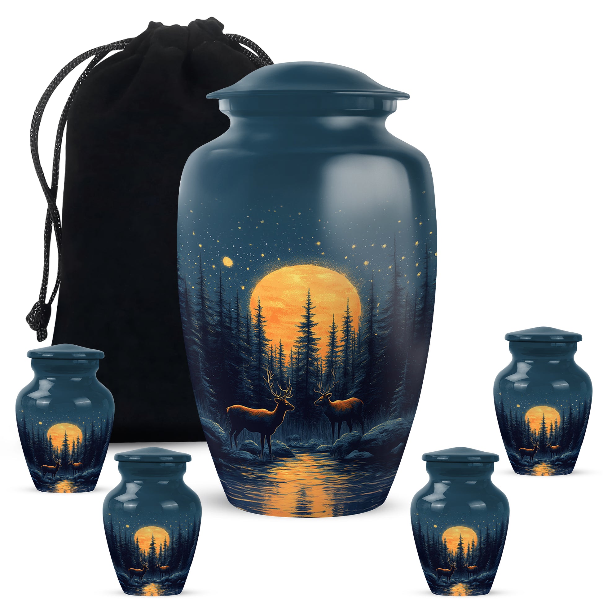 Steel Blue Deer Cremation Urn top-down view of secure threaded lid - elegant classic deer relief with fine detailing - memorial set with one large and four small urns