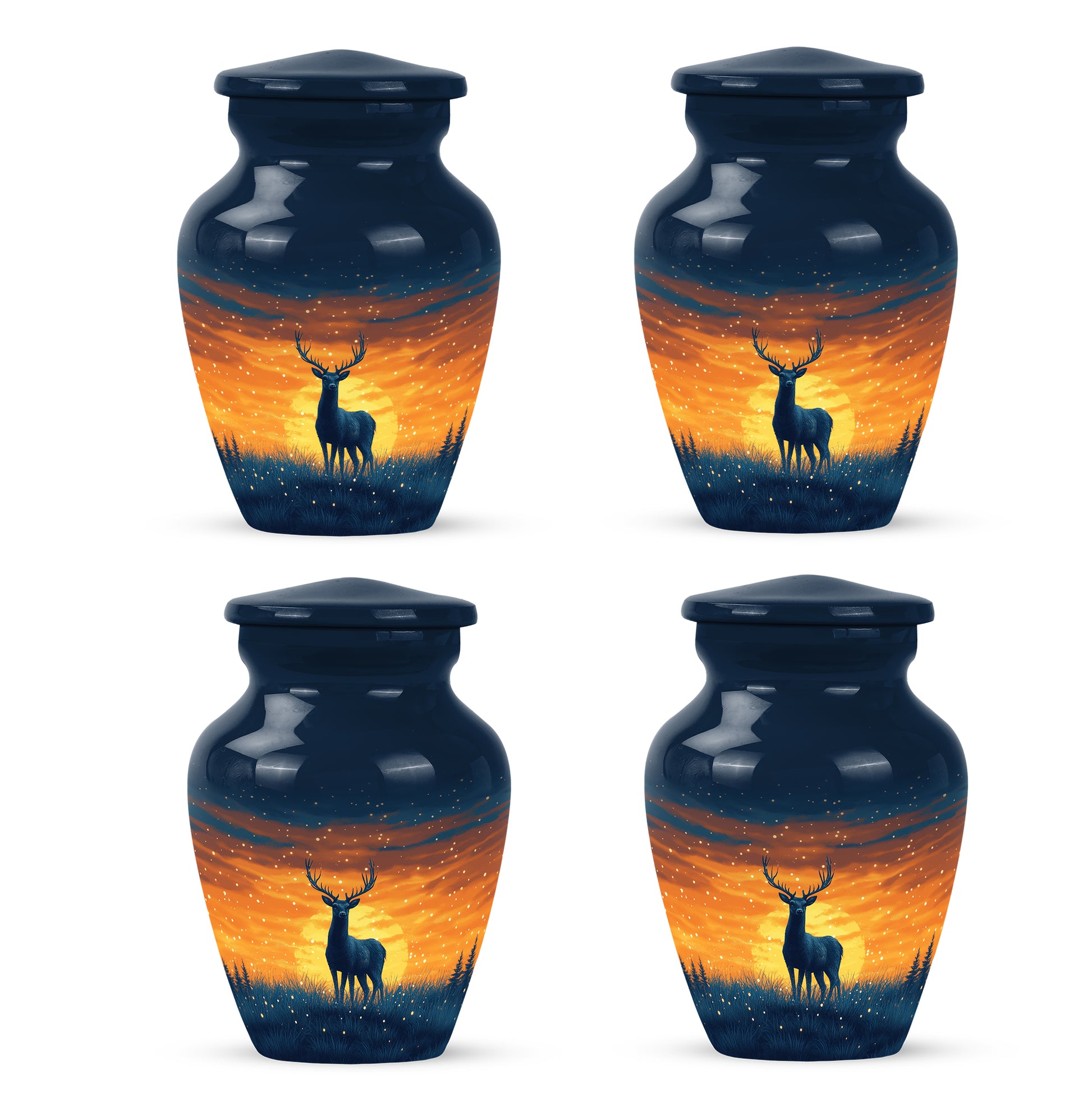 Powder Blue Deer Cremation Urn side profile showing urn shape - timeless deer motif etched into premium metal - 10 inch aluminum urn for cremated remains