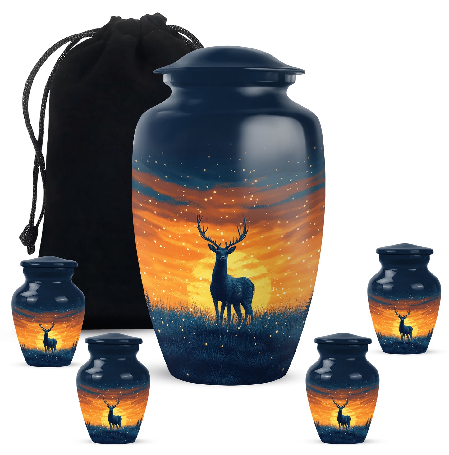Slate Blue Deer Cremation Urn top-down view of secure threaded lid - classic sculpted deer pattern on smooth aluminum - memorial set with one large and four small urns