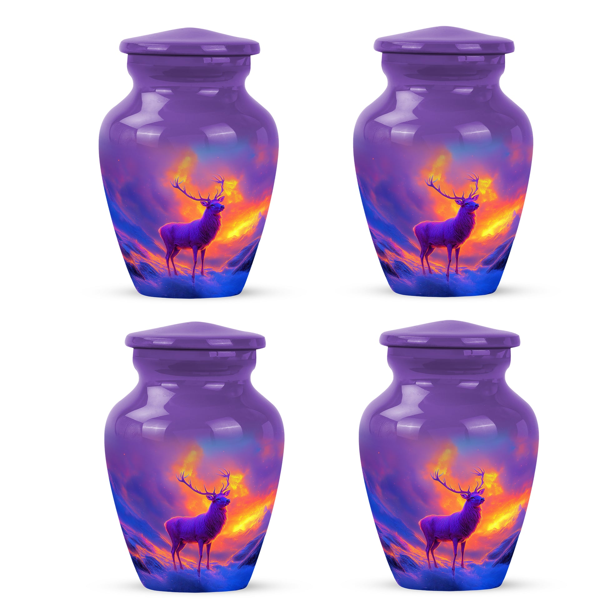 Violet Purple Deer Cremation Urn side profile showing urn shape - elegant classic deer relief with fine detailing - 10 inch aluminum urn for cremated remains