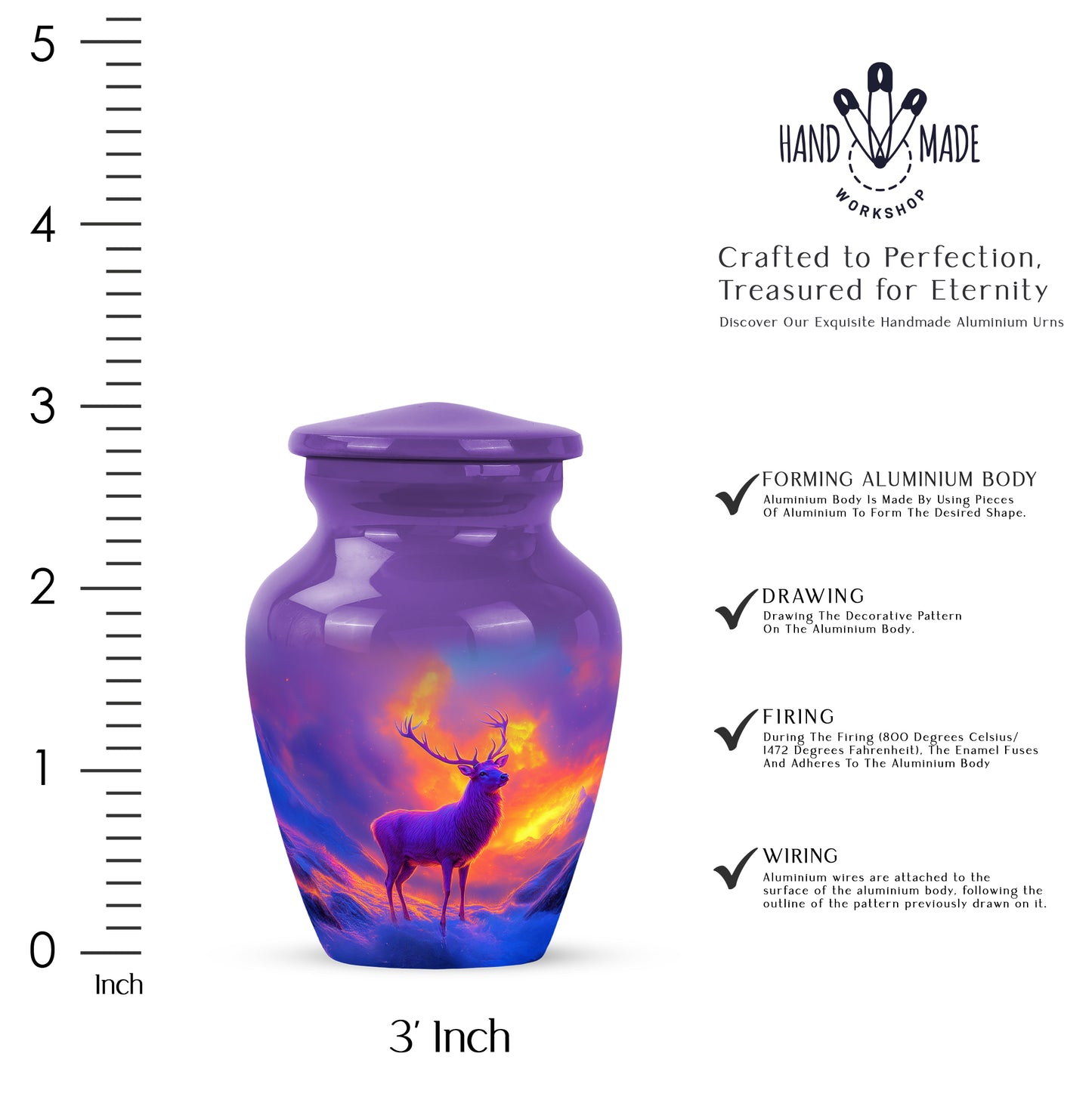 Plum Purple Deer Cremation Urn close-up of engraving and surface detail - classic sculpted deer pattern on smooth aluminum - mini keepsake memorial for portion of cremation ashes