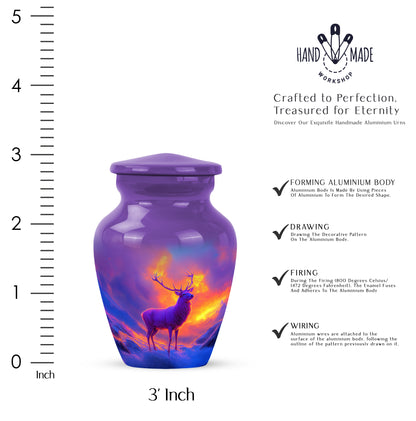 Plum Purple Deer Cremation Urn close-up of engraving and surface detail - classic sculpted deer pattern on smooth aluminum - mini keepsake memorial for portion of cremation ashes