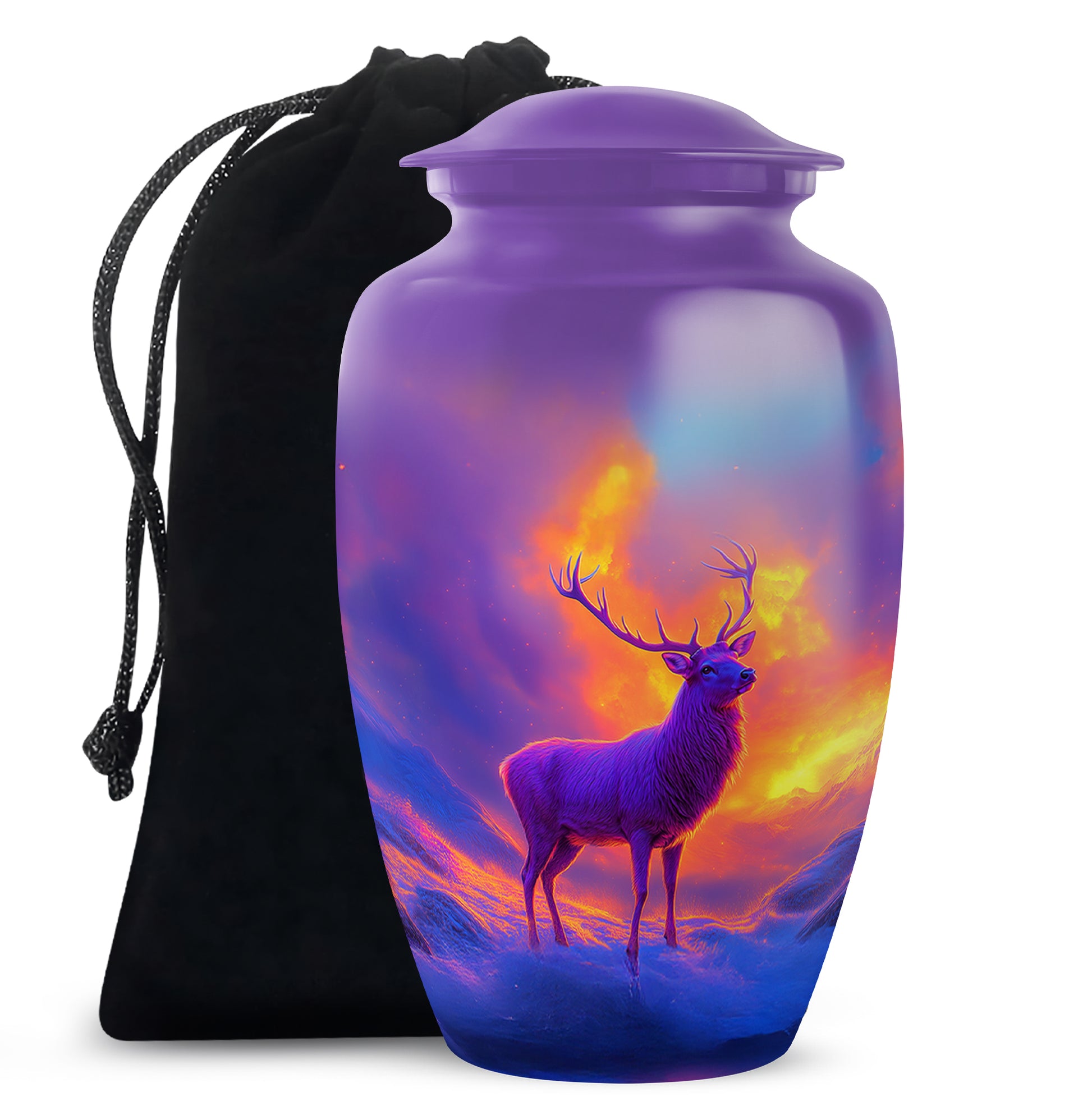 Orchid Purple Deer Cremation Urn angled view of lid and engraved motif - classic sculpted deer pattern on smooth aluminum - full-size 10 inch 200 cubic inch adult cremation urn