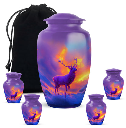 Amethyst Purple Deer Cremation Urn top-down view of secure threaded lid - classic sculpted deer pattern on smooth aluminum - memorial set with one large and four small urns