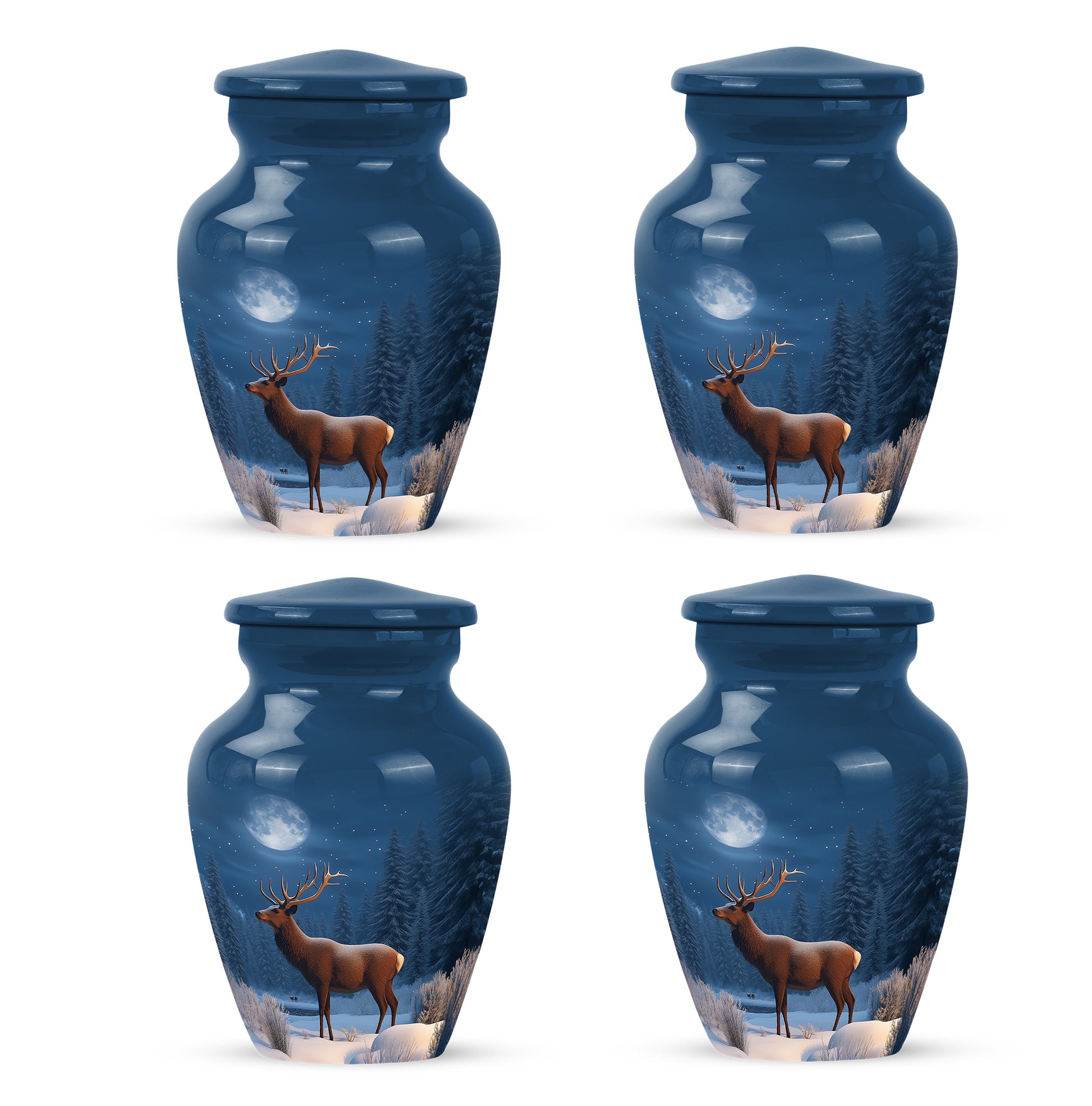 Powder Blue Deer Cremation Urn side profile showing urn shape - timeless deer motif etched into premium metal - 10 inch aluminum urn for cremated remains