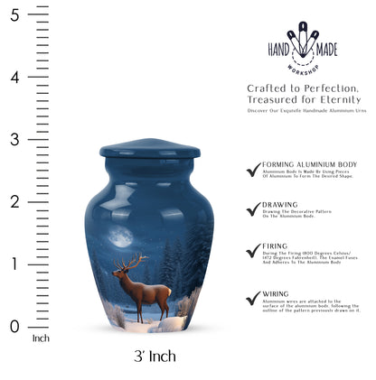 Twilight Blue Deer Cremation Urn close-up of engraving and surface detail - traditional deer engraving with hand-polished finish - mini keepsake memorial for portion of cremation ashes