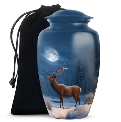 Vivid Blue Deer Cremation Urn angled view of lid and engraved motif - elegant classic deer relief with fine detailing - full-size 10 inch 200 cubic inch adult cremation urn
