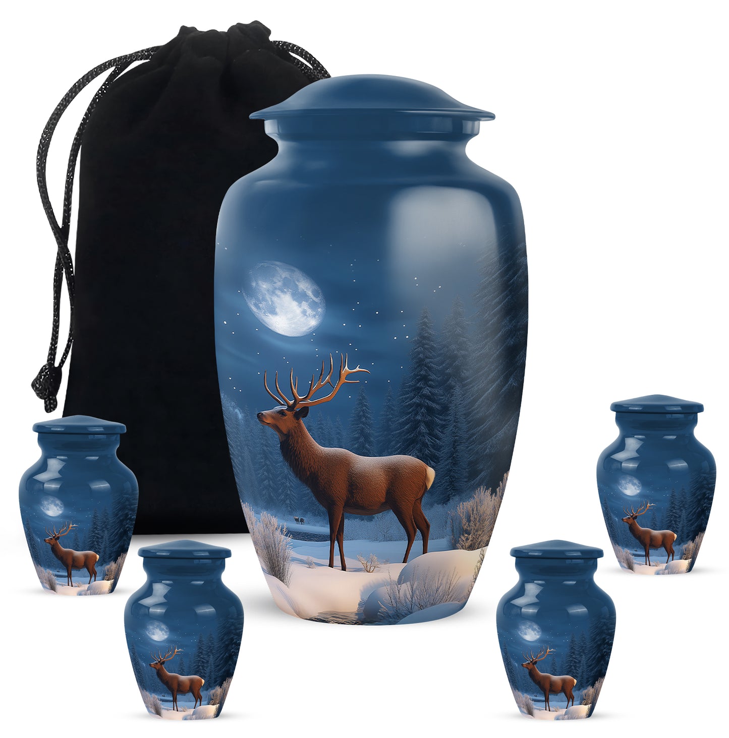 Vivid Blue Deer Cremation Urn top-down view of secure threaded lid - elegant classic deer relief with fine detailing - memorial set with one large and four small urns