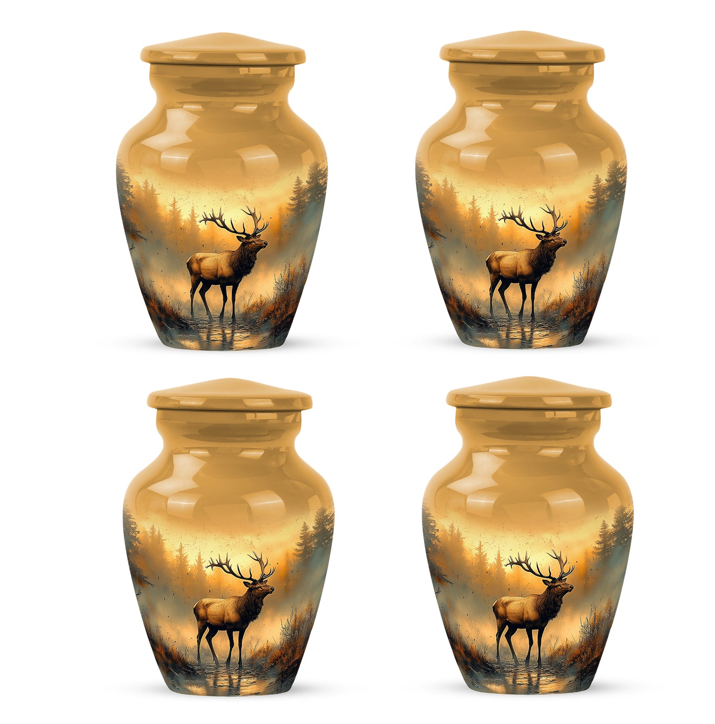 Antique Gold Deer Cremation Urn side profile showing urn shape - classic sculpted deer pattern on smooth aluminum - 10 inch aluminum urn for cremated remains