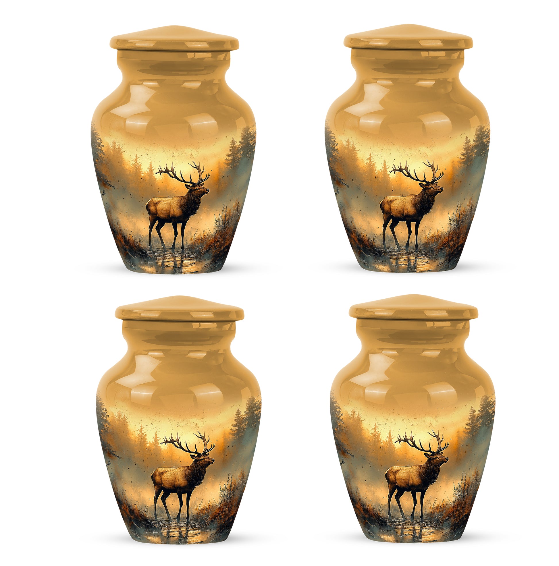 Antique Gold Deer Cremation Urn side profile showing urn shape - classic sculpted deer pattern on smooth aluminum - 10 inch aluminum urn for cremated remains