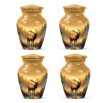 Antique Gold Deer Cremation Urn side profile showing urn shape - classic sculpted deer pattern on smooth aluminum - 10 inch aluminum urn for cremated remains