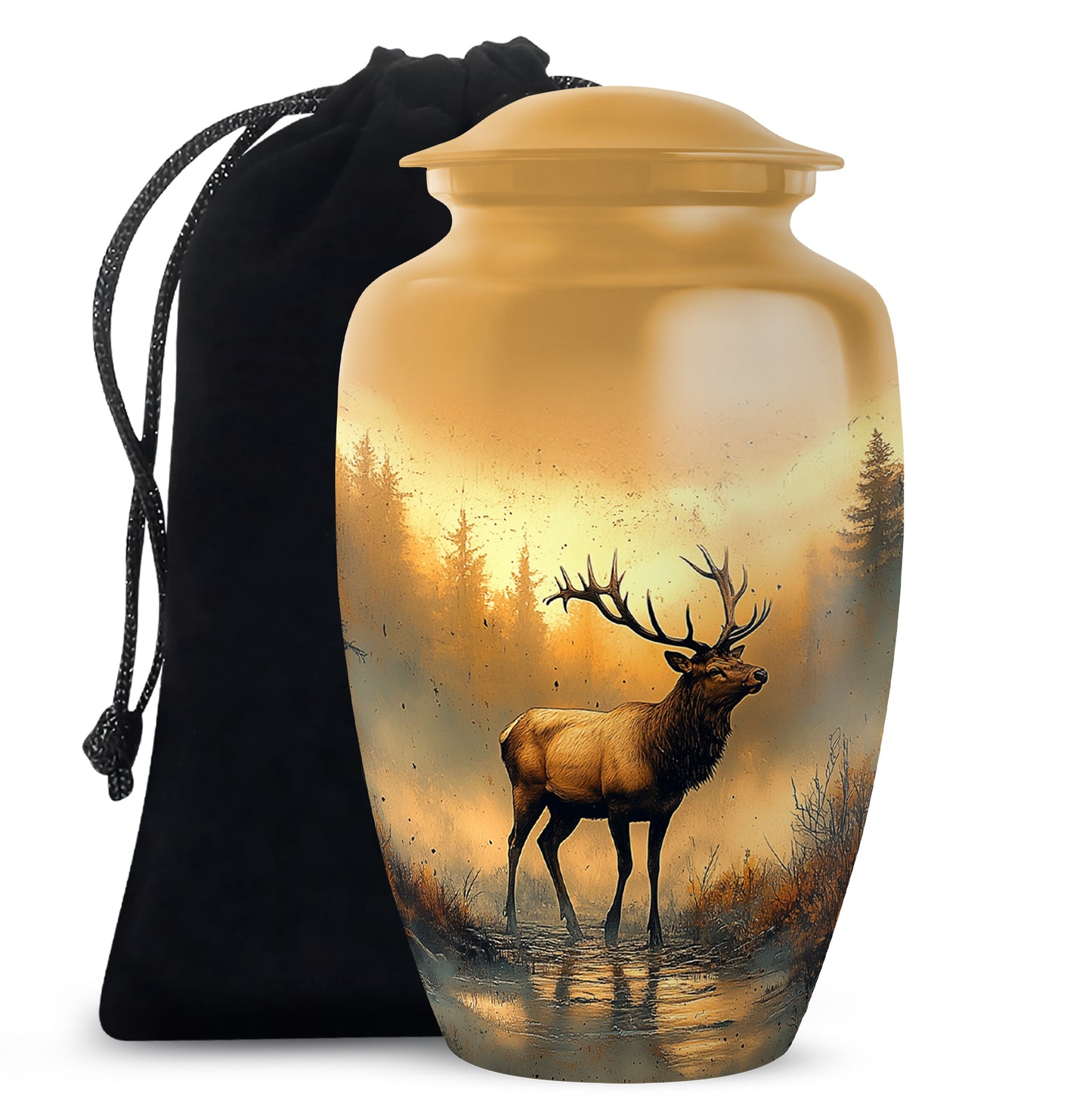 Champagne Gold Deer Cremation Urn angled view of lid and engraved motif - classic sculpted deer pattern on smooth aluminum - full-size 10 inch 200 cubic inch adult cremation urn