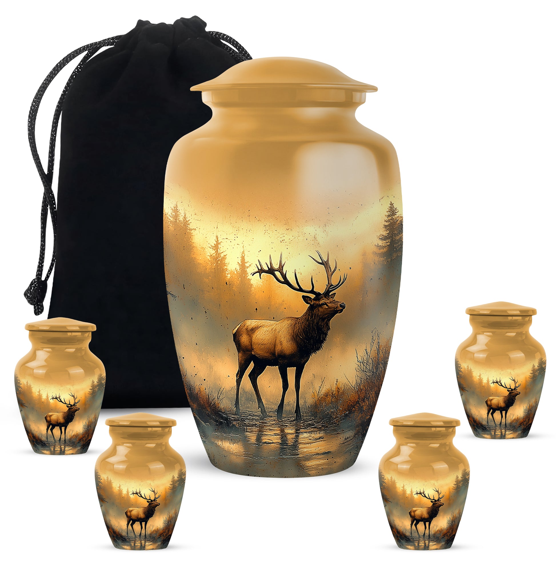 Warm Gold Deer Cremation Urn top-down view of secure threaded lid - elegant classic deer relief with fine detailing - memorial set with one large and four small urns