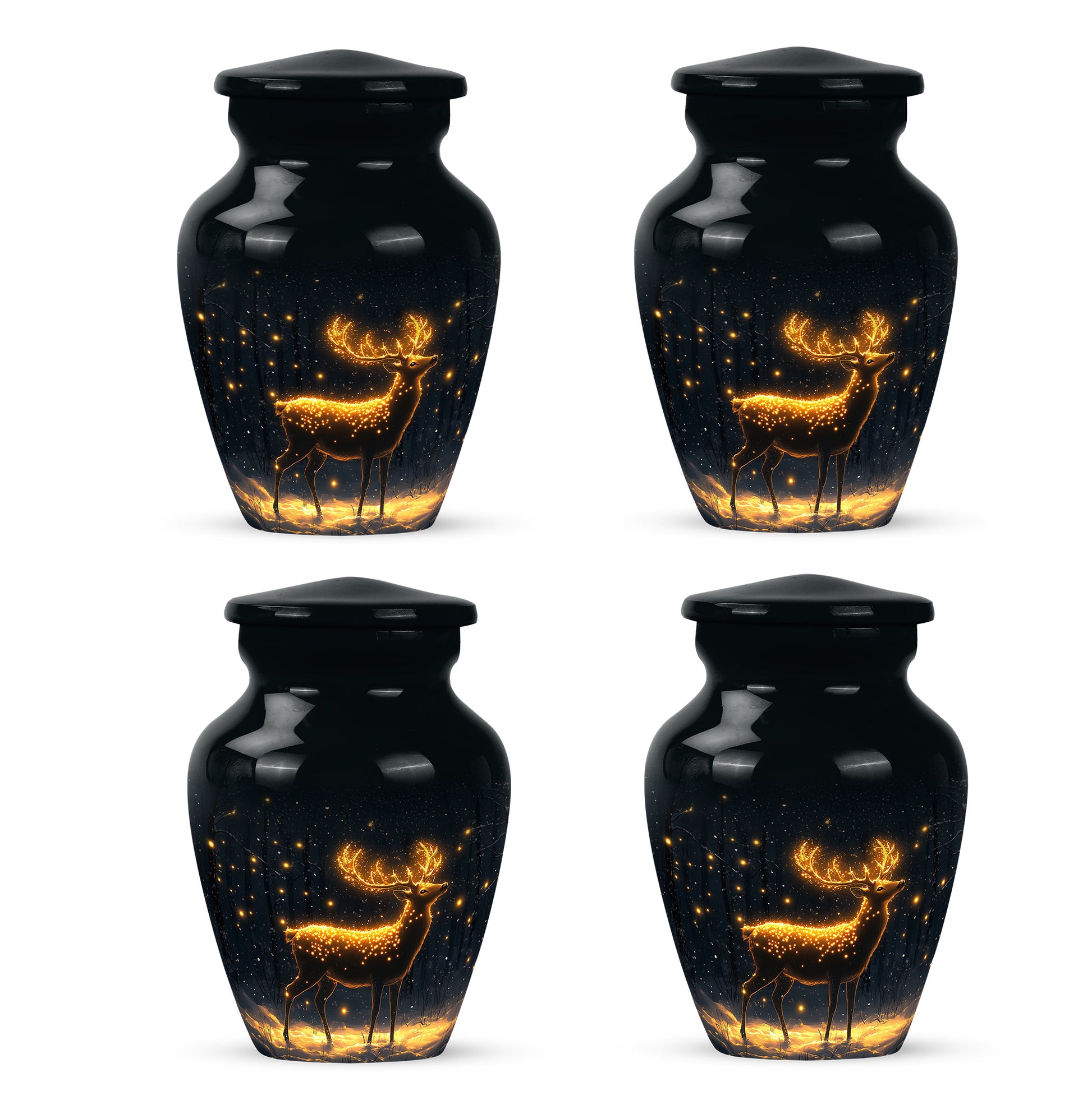Rich Black Deer Cremation Urn side profile showing urn shape - classic sculpted deer pattern on smooth aluminum - 10 inch aluminum urn for cremated remains