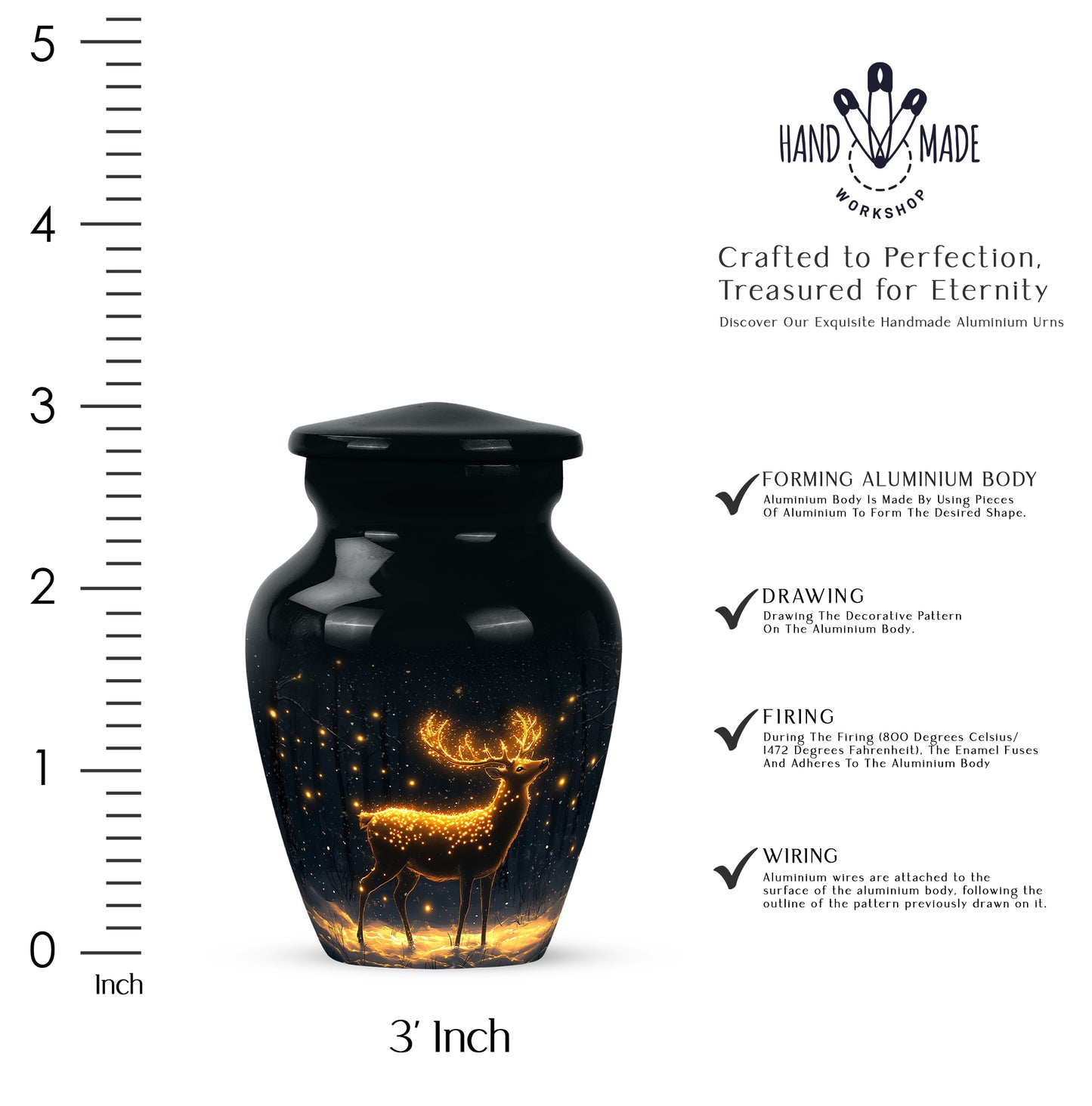 Charcoal Black Deer Cremation Urn close-up of engraving and surface detail - traditional deer engraving with hand-polished finish - mini keepsake memorial for portion of cremation ashes