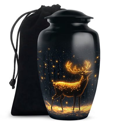 Deep Black Deer Cremation Urn angled view of lid and engraved motif - timeless deer motif etched into premium metal - full-size 10 inch 200 cubic inch adult cremation urn