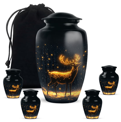 Rich Black Deer Cremation Urn top-down view of secure threaded lid - classic sculpted deer pattern on smooth aluminum - memorial set with one large and four small urns